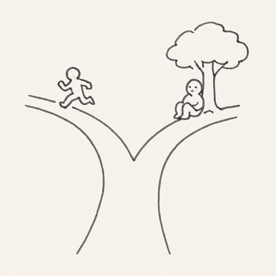Zwei Wege: einer hektisch, der andere mit ruhiger Pause unter einem Baum; Symbol für bewusstes Innehalten vor Entscheidungen.