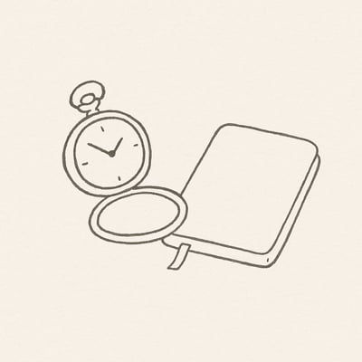 Offene Taschenuhr neben schlichtem Notizbuch, in lockeren Linien; Symbol für Reifezeit, in der Ideen klarer und origineller sind.