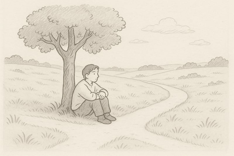 Volwassene zit kalm onder een boom bij een splitsing van paden; ademt uit en kijkt vooruit, als beeld van rust, focus en bewust kiezen voor later.