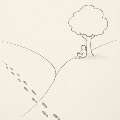 Minimalistische tekening met twee paden; iemand pauzeert onder een boom en kiest bedachtzaam, symbool voor strategisch wachten en bewuste keuzes.