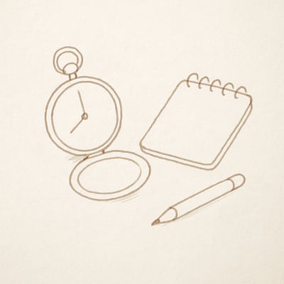 Zakhorloge naast een open notitieboek in losse lijnen, metafoor dat ideeën rijpen met tijd en op het juiste moment helder worden.