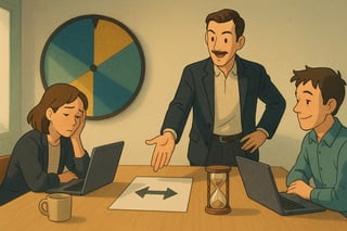 Sala de reunião moderna com líder a fechar decisão enquanto uma roda de decisões colorida surge ao fundo, sugerindo escolhas e prazos.