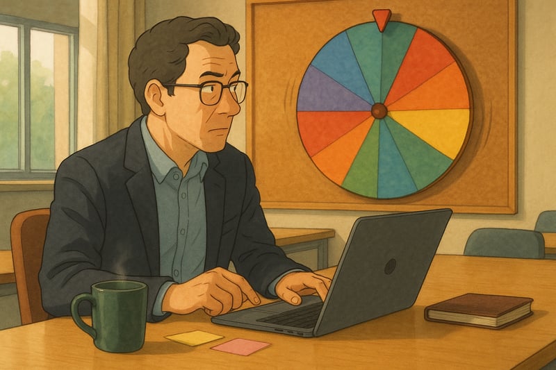 Manager at a conference table weighing options while a colorful spinner wheel hangs on the wall, hinting at a quick decision tool.