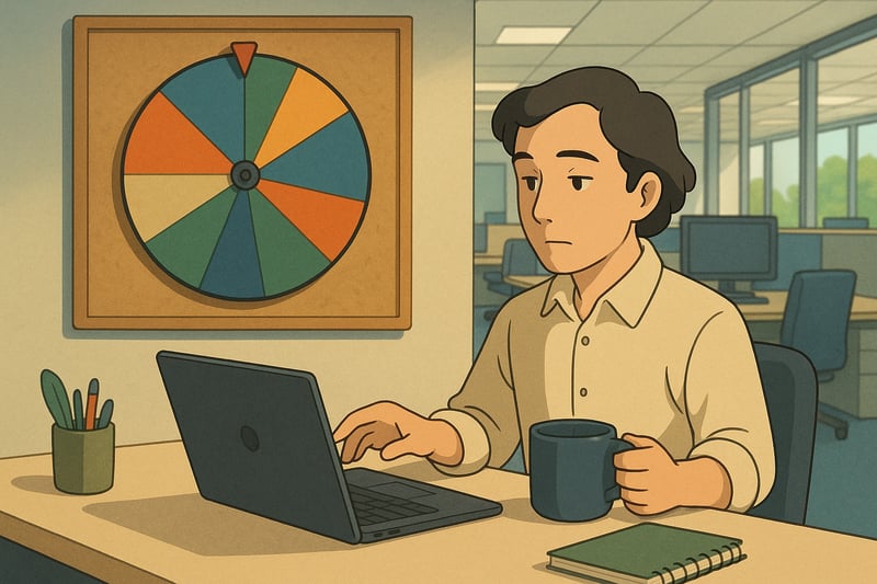 Australian office worker pauses at a tidy desk while a colourful spinner wheel on the wall hints at deciding what’s truly urgent today.