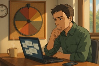 Profesional en escritorio evalúa correos en el portátil mientras una ruleta de decisiones, colgada al fondo, sugiere prioridades en un ambiente de oficina.