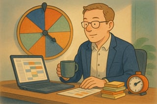 Projectleider kijkt naar planning op laptop terwijl een kleurrijk spinnerwiel op de achtergrond realistische deadlines suggereert.