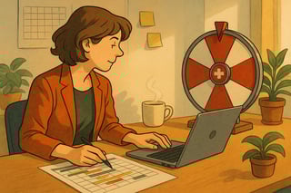 Projektleiterin prueft realistischen Zeitplan am Laptop im hellen Buero; im Hintergrund ein dezentes Spinner-Wheel als Entscheid-Hilfe.