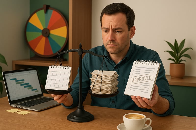 Project manager at a tidy desk weighs a calendar and approvals while a colourful spinner wheel sits nearby, hinting at realistic deadline decisions.