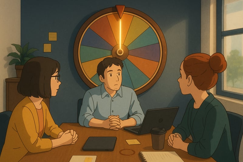 A small team gathers at a modern desk as a background spinner wheel glows, signaling a quick empathy exercise selection.
