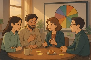 Equipa portuguesa reunida numa mesa com roda de exercicios de empatia visivel ao fundo, cafe e pastel de nata, ambiente colaborativo e acolhedor.