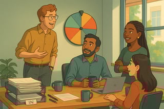 Australian office team sharing a quick empathy exercise around a table, with a colourful spinner wheel on the wall guiding the session.