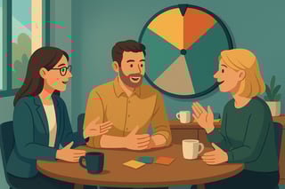 Team in ruhigem Besprechungsraum diskutiert eine 5-Minuten-Empathie-Übung; im Hintergrund hängt ein dezentes, farbiges Spinner-Rad an der Wand.