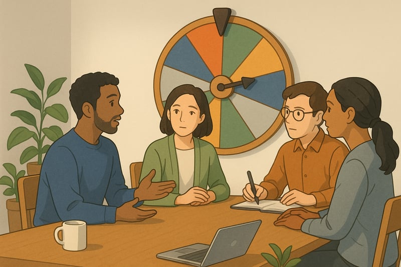 Team aan vergadertafel doet een 5-minuten empathie-oefening; op de wand staat een kleurrijk rad dat circa dertig procent van de compositie vult.