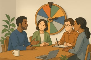 Team aan vergadertafel doet een 5-minuten empathie-oefening; op de wand staat een kleurrijk rad dat circa dertig procent van de compositie vult.
