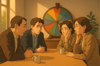 Equipo en sala practica un ejercicio de empatia; al fondo, ruleta de madera multicolor ocupa 30 por ciento del encuadre.