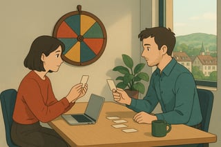 Zwei Teammitglieder üben Empathie mit Karten; im Hintergrund ein farbiges Spinnerrad an der Wand, modernes Büro in Zürich.