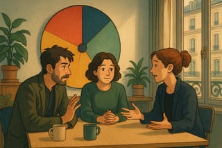 Dans un open space chaleureux, une équipe débat autour d’une table; au fond, une roue colorée occupe un mur, dédiée aux exercices d’empathie.