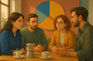 Colleghi in ufficio si ascoltano in un esercizio di empatia; una ruota colorata sullo sfondo suggerisce attività rapide da 5 minuti.