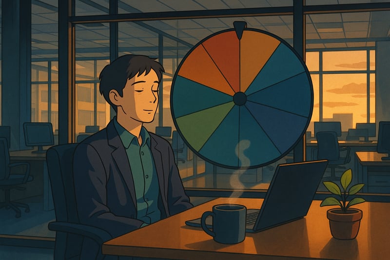 A professional in a modern office practices calm breathing while a colorful spinner wheel on the wall suggests quick stress reset options.