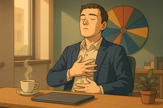 Professionista in ufficio pratica una respirazione calma mentre una ruota colorata sullo sfondo suggerisce esercizi per gestire stress e reazioni.