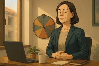 Profesional en oficina española respira con calma frente al ordenador, mientras una ruleta de práctica emocional destaca en la pared del fondo.