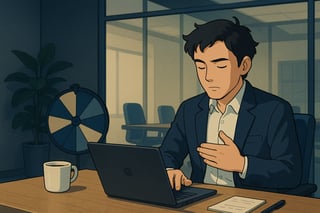 Fachkraft am Büroschreibtisch atmet ruhig; im Hintergrund ein dezentes Spinner-Rad als Metapher für Emotionskontrolle und kurze Pausen im Arbeitsalltag.