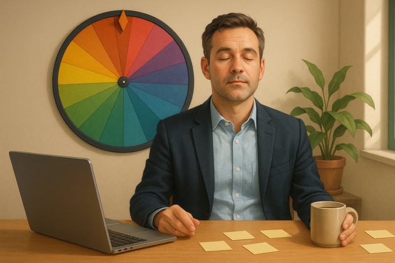 Kantoorscène met professional die rustig ademhaalt terwijl een kleurrijk oefenrad op de muur 30% van het beeld vult naast bureau en laptop.