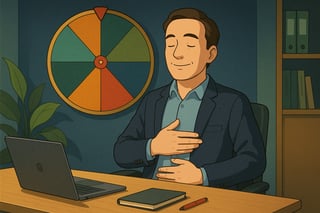 Profi im Buero atmet ruhig; im Hintergrund haengt ein Spinner Wheel an der Wand, auf dem Tisch Laptop und Tasse