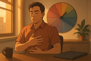 Profissional em escritório pratica respiração enquanto uma roda de exercícios emocionais gira ao fundo, sugerindo foco e autocontrole no trabalho.