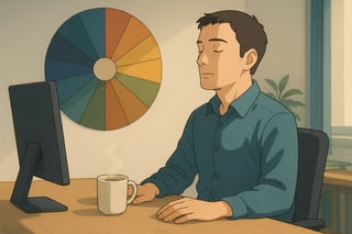 Cadre au bureau inspire calmement tandis qu’une roue colorée en arriere-plan rappelle une routine de regulation emotionnelle.