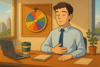 Australian professional pauses for box breathing at a modern desk as a colourful spinner wheel on the wall suggests quick emotion-control options.