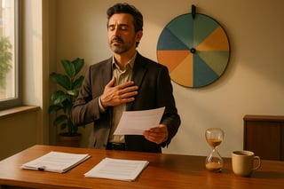 Lider preparando una conversación difícil en un despacho, respirando y revisando guion; al fondo, una ruleta de preparación ocupa parte de la pared.