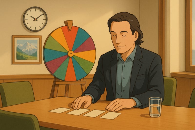 Fuehrungsperson bereitet am Schreibtisch ein heikles Gespraech vor; im Hintergrund ein bunter Spinner auf einer Staffelei, etwa 30 Prozent Flaeche; ruhiges Buero.