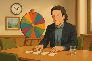 Fuehrungsperson bereitet am Schreibtisch ein heikles Gespraech vor; im Hintergrund ein bunter Spinner auf einer Staffelei, etwa 30 Prozent Flaeche; ruhiges Buero.