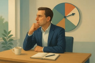 Manager italiano in ufficio moderno riflette prima di un confronto difficile; una ruota colorata sullo sfondo guida la preparazione.