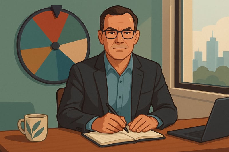 Australian manager prepares for a tough work chat at a desk, with a colourful spinner wheel on the wall guiding steps in a calm office setting.