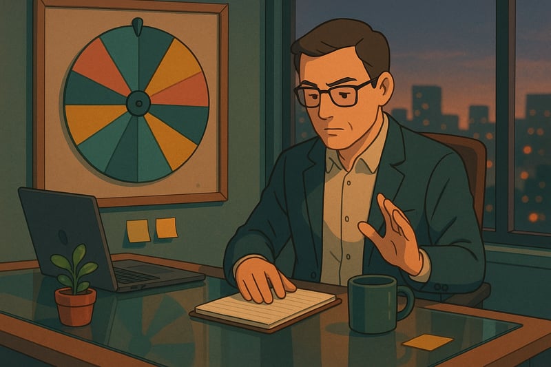 Manager prepares for a tough workplace discussion at a glass-walled desk as a colorful spinner wheel hangs in the background.