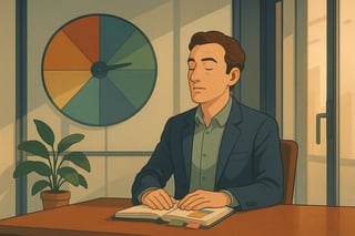 Un manager respire avant un entretien délicat dans un bureau épuré; une roue colorée de préparation tourne au mur vitré en arrière-plan.