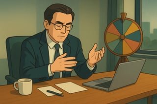 Fuehrungskraft uebt ein schwieriges Mitarbeitergespraech im Buero; im Hintergrund steht ein dezentes Spinner-Rad als Vorbereitungshilfe.