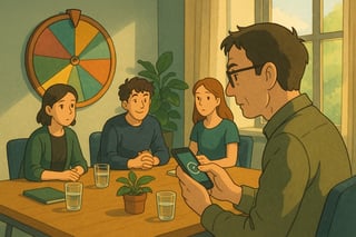 Teamlead startet am Schreibtisch eine 3-Minuten-Aktivitaet, waehrend im Hintergrund ein farbiges Spinner-Gluecksrad haengt und das Buero leicht belebt wirkt.