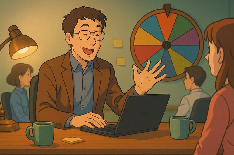 Team leader cues a quick mood-boosting activity as a colorful spinner wheel glows in the background during a lively meeting.