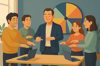 Manager anime un rituel de 3 minutes au bureau; equipe engagee, roue coloree au mur en arriere-plan, lumiere douce et energie sereine.