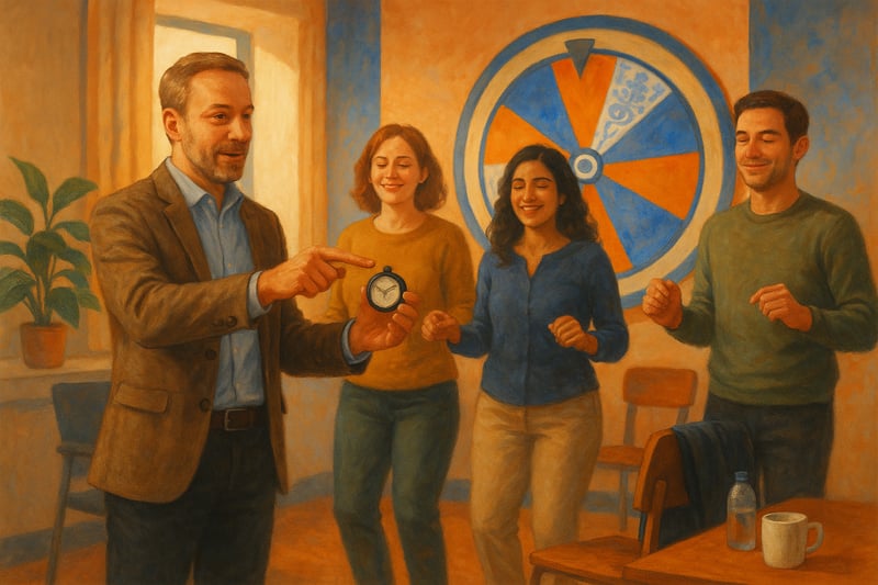 Teamleider start een korte energizer; een kleurrijk rad hangt achter hen. Collega's bewegen licht in een open kantoor.