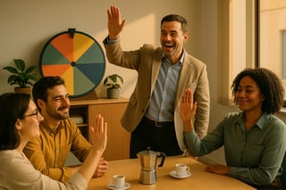 Team leader in ufficio moderno guida un’attività lampo mentre una ruota colorata sullo sfondo suggerisce micro-azioni energizzanti