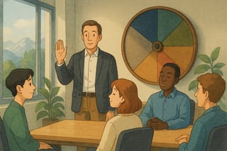 Teamleitung in modernem Schweizer Büro startet eine kurze Teamaktivität; ein farbiges Stimmungsrad im Hintergrund unterstützt die 3-Minuten-Pause sichtbar.