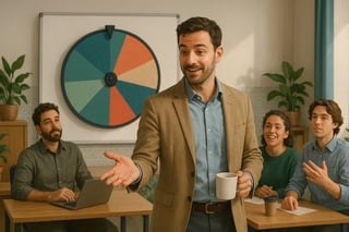 Líder convida equipa a uma pausa de 3 minutos num escritório, com roda de atividades no fundo e ambiente descontraído e contemporâneo.