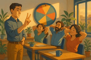 Equipo en oficina moderna realiza un microdescanso guiado; al fondo, una ruleta de actividades ocupa un tercio de la escena y sugiere energía positiva.