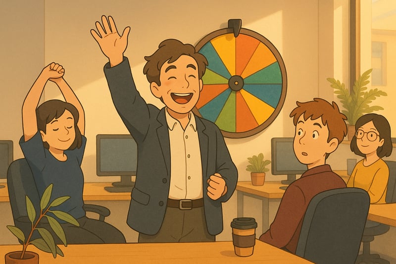 In an Australian office, a team leader kicks off a quick energiser as a colourful spinner wheel hangs on the wall and colleagues re-engage around desks.