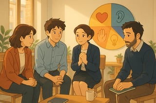 Leader e team italiani in cerchio durante un check-in emotivo; sullo sfondo una ruota colorata con icone universali suggerisce esercizi di fiducia.