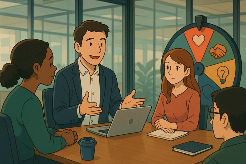 A diverse team meets in a bright modern office while a colorful spinner wheel for vulnerability prompts sits nearby, signaling trust-building.